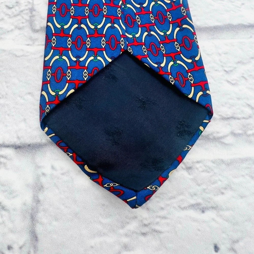 Brooks Brothers Makers Mens Silk Tie Navy Blue Red Gold Geometric Chain Link USA